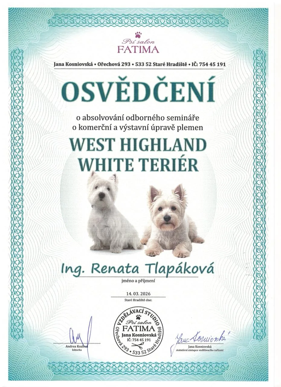 Osvědčení – West Highland White Teriér