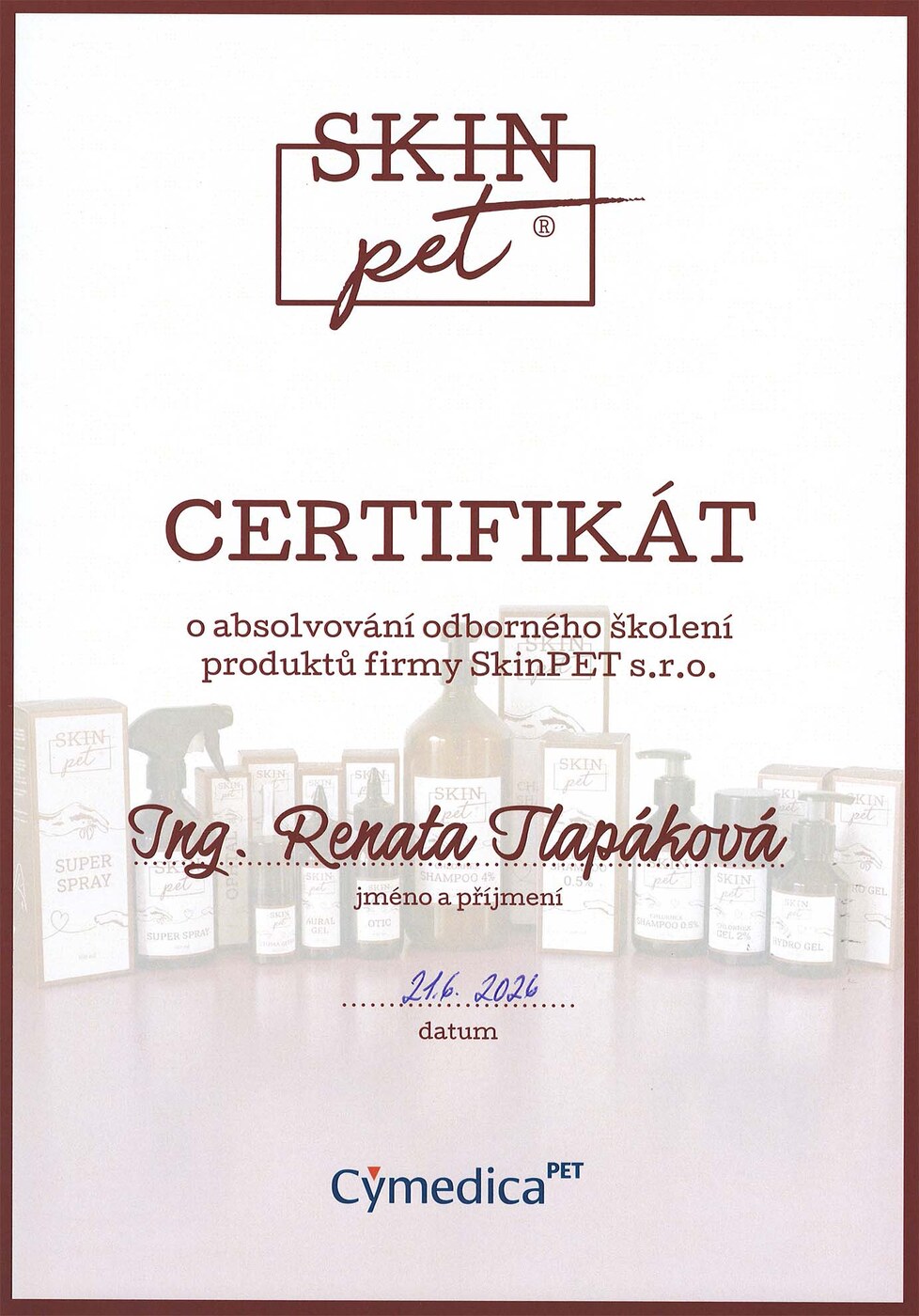 Certifikát o absolvování odborného školení s psí kosmetikou SkinPET s.r.o.