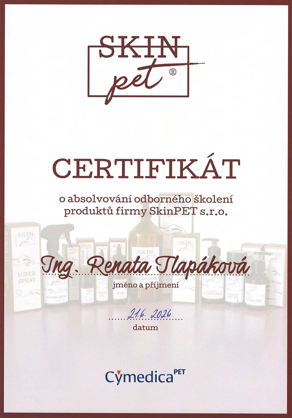 Certifikát o absolvování odborného školení s psí kosmetikou SkinPET s.r.o.